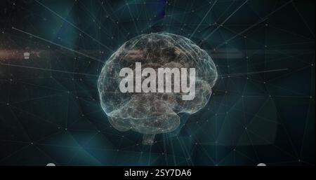 Image of network of connections over digital brain Stock Photo