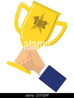 Hand holding a 1st place trophy, person in suit holding winners award, reward or success concept in the workplace Stock Vector