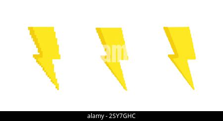 Three yellow lightning bolt symbols in simple pixel art design Stock Vector