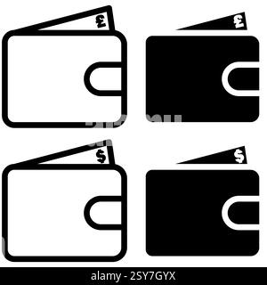 Leather open wallet icon in Black and white with pound and dollar symbol, personal finance element Stock Vector