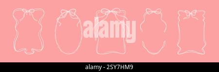 Set of coquettish whimsical wavy ribbon frames with cute bows. Hand drawn doodle rectangle and oval girly  vertical vintage borders. Valentines day, C Stock Vector