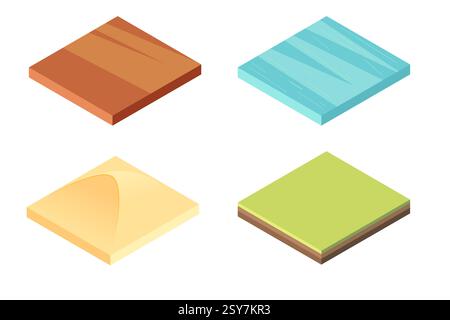 Set of different Isometric square land plot with green grass, desert, or water. Soil with layers. Garden or plain field terrain. Vector illustration i Stock Vector