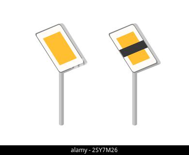 Isometry set of two rectangular traffic signs with yellow and black elements. Mounted on metal poles. Road sign for road guidance. Vector illustration Stock Vector