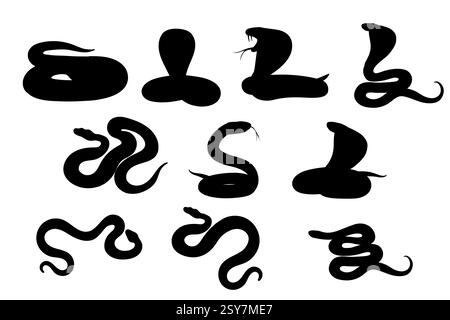 Black silhouette. Collection of snake icons. Rattlesnake coiled. Simple cartoon animal design. Perfect for wildlife, reptiles, or nature designs. Vect Stock Vector