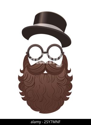Stylized face with a brown top hat and curled mustache with beard. Face with round glasses. Vintage design. Vector illustration isolated on white back Stock Vector
