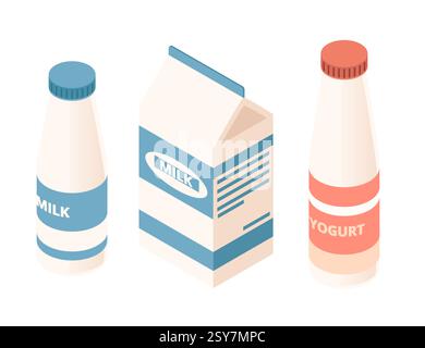 Isometric set of dairy products. Milk in cardboard packet, and yogurt in bottle. Glass and plastic bottles. Healthy drink. Vector illustration isolate Stock Vector