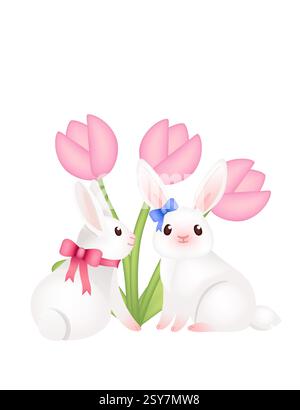Elegant white bunnies surrounded by pink tulips. Funny positive bunny with long ears. Cute and playful rabbit. 3d cartoon animal design. Vector illust Stock Vector
