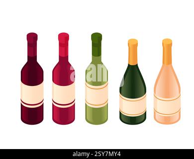 Isometry set of wine and champagne drink bottles. Green, red and white bottle colors. Various alcohol collection. Grocery store icons. Vector illustra Stock Vector