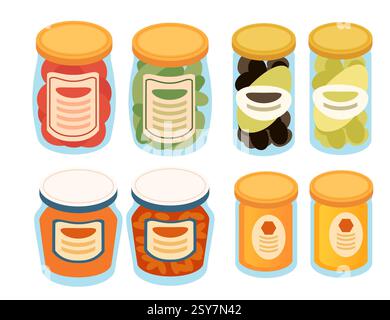 Glass jars with colorful contents. Preserved food containers with orange lids. Jam, honey, pickles, and spreads. Pantry storage containers. Canned pre Stock Vector