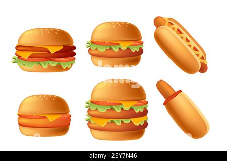 Set of fast food burgers and hot-dog with layers of meat, cheese, lettuce, and buns. Ideal for fast food menus, advertising, or food packaging. Vector Stock Vector