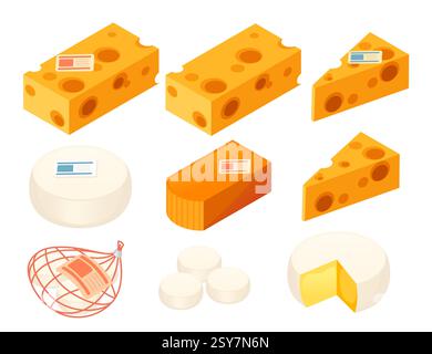 Isometric collection of cheese. Yellow Swiss cheese with holes. Orange cheddar block. Cheese wedges. White soft food. Round wheel meal. Various dairy Stock Vector