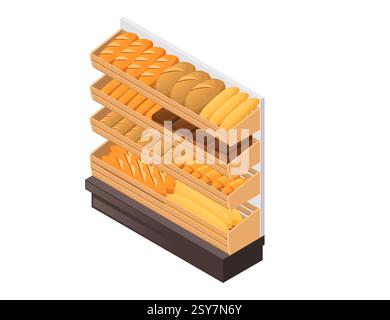 Wooden bakery display stand with bread products. Multi-level pastry shelf. Retail equipment for baked goods. Grocery store bread section. Vector illus Stock Vector