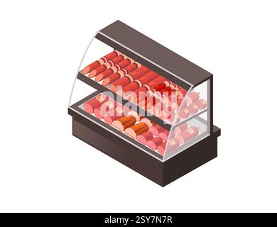 Refrigerated display case with sausage set products. Glass-fronted cooler showcase. Halved salami pieces. Commercial meat storage unit. Retail equipme Stock Vector