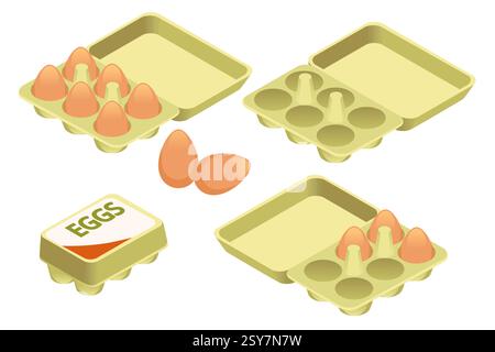 Various egg cartons and loose eggs. Green cardboard egg containers with brown eggs. Empty and filled egg trays. Packaging labeled "EGGS". Different eg Stock Vector