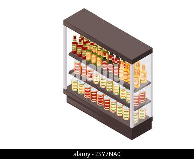 Isometric style supermarket glass display refrigerator with alcohol drinks. Multi-tier retail display with beer in cans and bottles. Storage grocery i Stock Vector