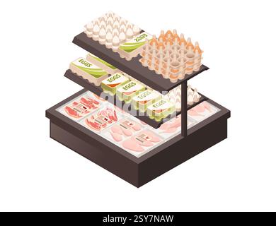 Refrigerated island display case with meat and eggs. Dual-level food showcase. Supermarket meat counter. Cooling unit with fresh products. Commercial Stock Vector
