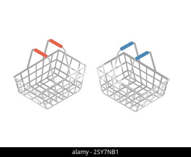 Isometric set of gray steel shopping baskets. Metal grocery carriers with plastic handles. Red and blue-handled store baskets. Simplified retail equip Stock Vector