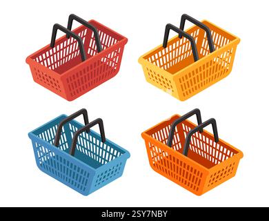 Set of four plastic shopping basket with black handles. Yellow grocery carrier. Blue basket. Orange store basket. Plastic retail carriers. Grocery hol Stock Vector