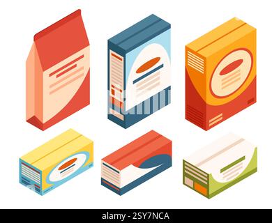 Packaged food boxes in various colors. Red, blue, orange, yellow rectangular packages. Cereal boxes. Grocery product containers. Cardboard food packag Stock Vector