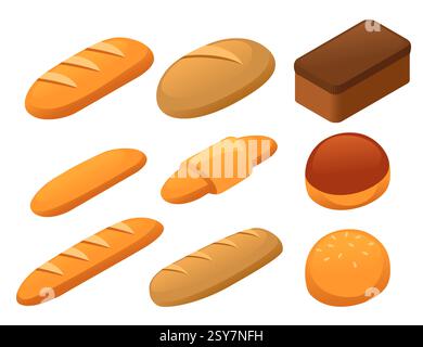 Isometric vector illustration. Bread and bakery products collection. Various shaped loaves and buns. Baguettes, rolls, round bread. Brown crusty bread Stock Vector