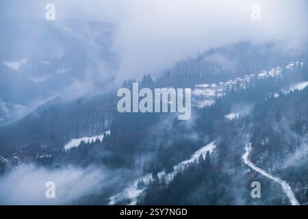 Foggy Winter Morning in Todtnauer Valley – Serene and Misty Black Forest Landscape, Southern Germany Stock Photo