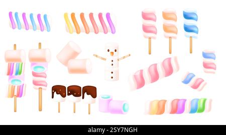 Big collection of colorful sweet marshmallows. Tasty zephyr candies. Vector illustration isolated on white background. Stock Vector