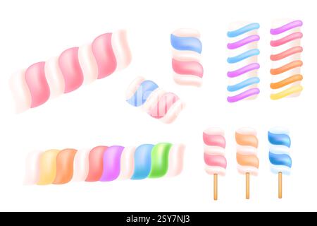 Collection of Marshmallow lollipops in pink, blue, and orange, arranged on wooden sticks. Yummy candy. Sweet tasty dessert, sugar food. Vector illustr Stock Vector