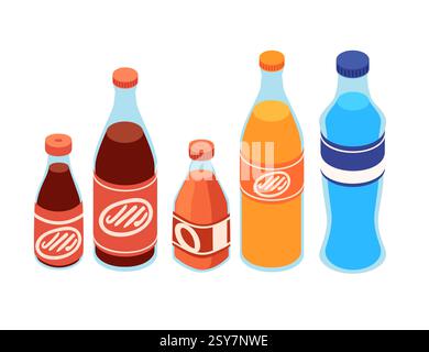 Isometric set of soda drinks. Plastic bottles with sweet water. Fizzy drinks products. Plastic containers with colorful caps. Products for the grocery Stock Vector
