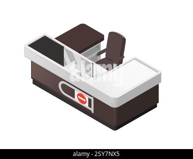 Isometric vector. Supermarket checkout counter with cash register. Retail point-of-sale station. Store cashier workstation with conveyor belt. Modern Stock Vector