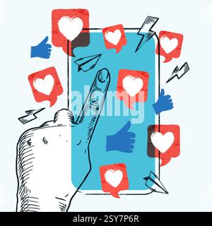 Social media, communication and digital marketing concept. Human hand touches smartphone screen with likes icons. Vector colorful trendy collage, flat Stock Vector