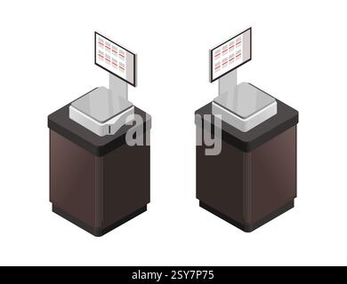 Isometric electronic weighing scales. Digital price computing scales. Food retail measuring devices. Store counter scales. Weight measurement equipmen Stock Vector