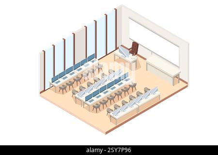 Isometric computer classroom with rows of desks. Educational IT lab with multiple PC workstations. White desks with monitors. School computer lab with Stock Vector