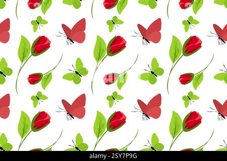 Seamless floral pattern featuring red tulips, green leaves, and colorful butterflies on a light background Stock Vector