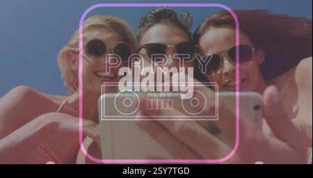 Party text image over friends taking selfie outdoors Stock Photo