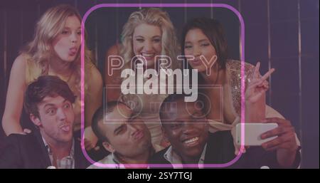 Party text image over group of friends taking selfie and making funny faces Stock Photo