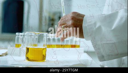 Pouring liquid into beaker, scientist working in lab with chemical formulas image Stock Photo