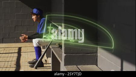 Sitting on bench, baseball player with bat over field diagram image Stock Photo