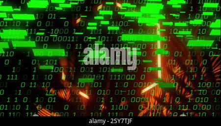 Binary code image over neon lights and abstract shapes Stock Photo