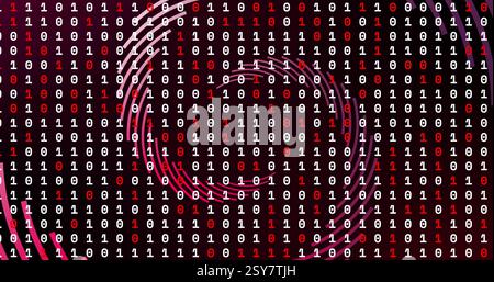 Binary code with swirling red and white lines, data processing image Stock Photo