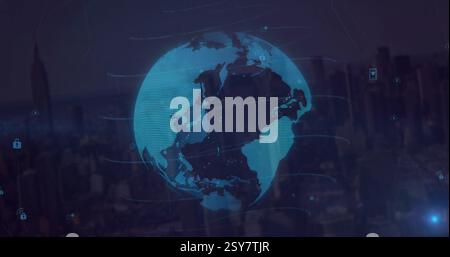 Rotating digital globe with data icons image over cityscape background Stock Photo
