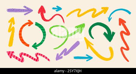 Hand drawn vector arrows with various patterns in rough rustic style. Stock Vector