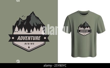 Adventure Begins logo-type t-shirt design. Adventure Mountain t-shirt design vector illustration. Stock Vector