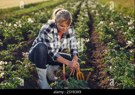 Sitting and working by using garden tools. Woman is on the agricultural field at daytime. Stock Photo
