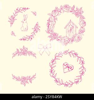 Easter frames with rabbit and flowers Stock Vector