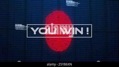 Image of you win text and fingerprint over data processing Stock Photo