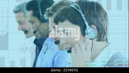 Image of data processing and diagrams over diverse colleagues using phone headset Stock Photo