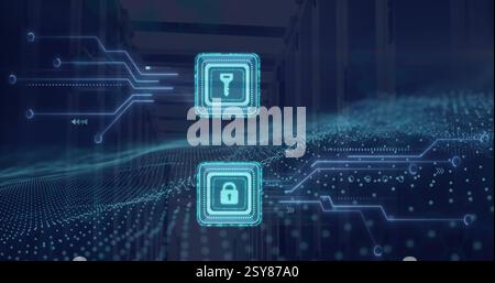 Image of key and padlock icons, digital data processing over computer circuit board Stock Photo