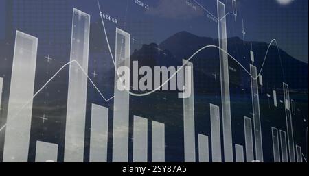 Image of financial data processing over landscape Stock Photo