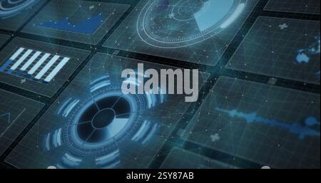 Image of digital data processing and scopes scanning on screens over black background Stock Photo