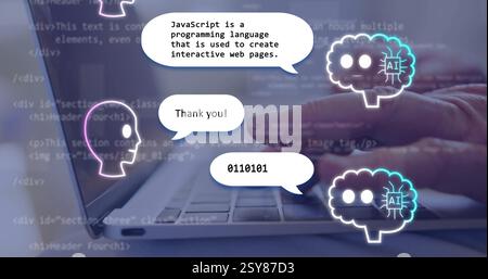 Typing on laptop keyboard, image of AI explaining JavaScript in simple terms Stock Photo